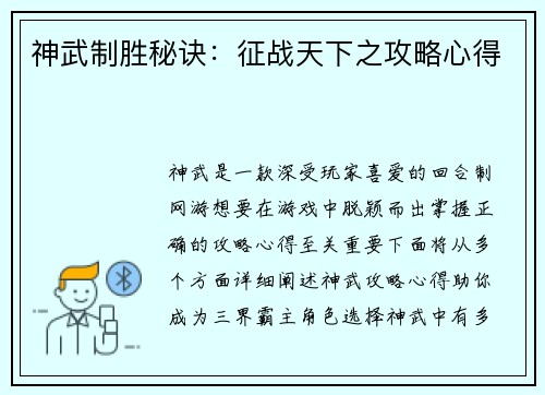 神武制胜秘诀：征战天下之攻略心得